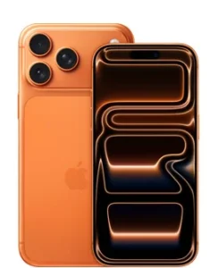 Два помаранчеві iPhone 17: ззаду з потрійною камерою та спереду з великою цифрою 17