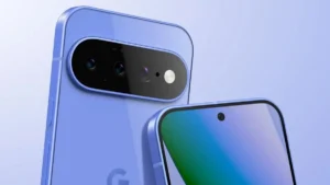 Два сині смартфони Google Pixel з камерою ззаду та екраном спереду