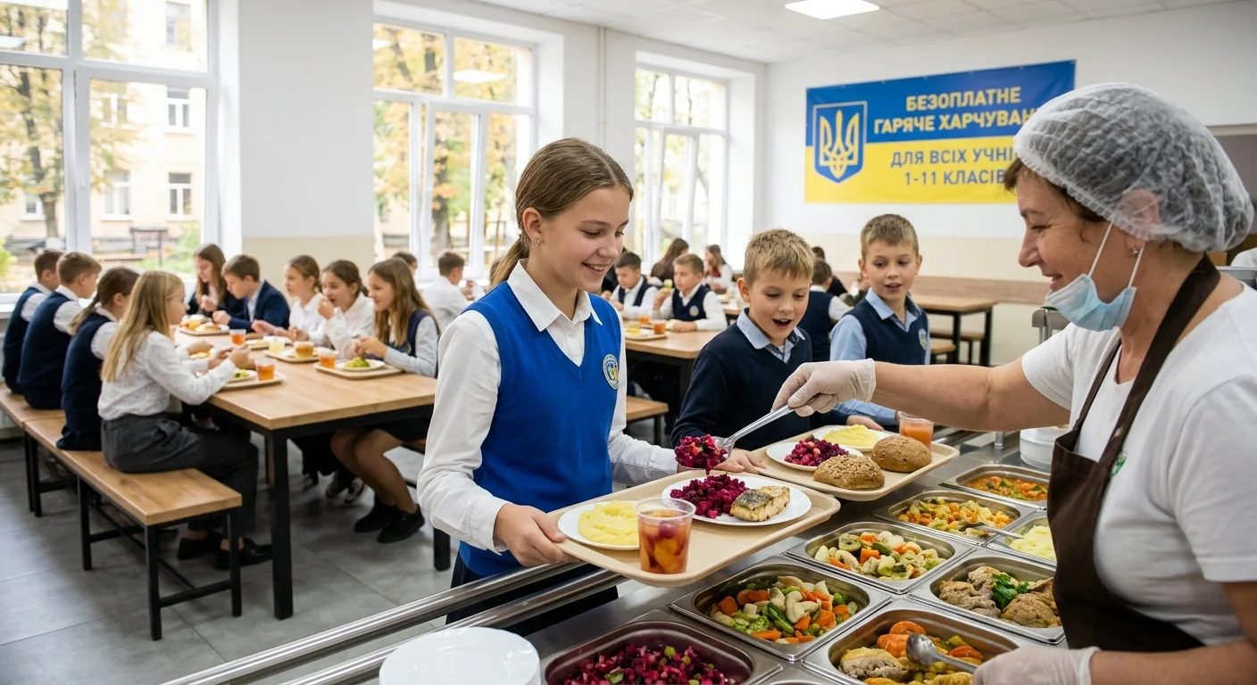 Кухарка накладає гарячі страви школярам у шкільній їдальні з банером про безкоштовне харчування