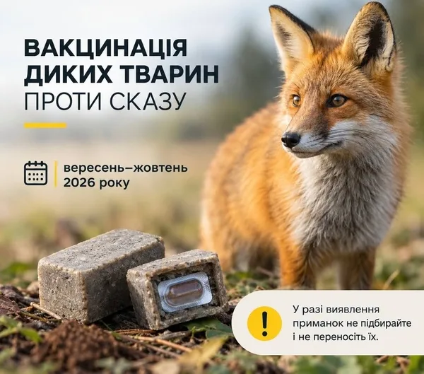 Рудий лис біля принад із капсулою вакцини проти сказу